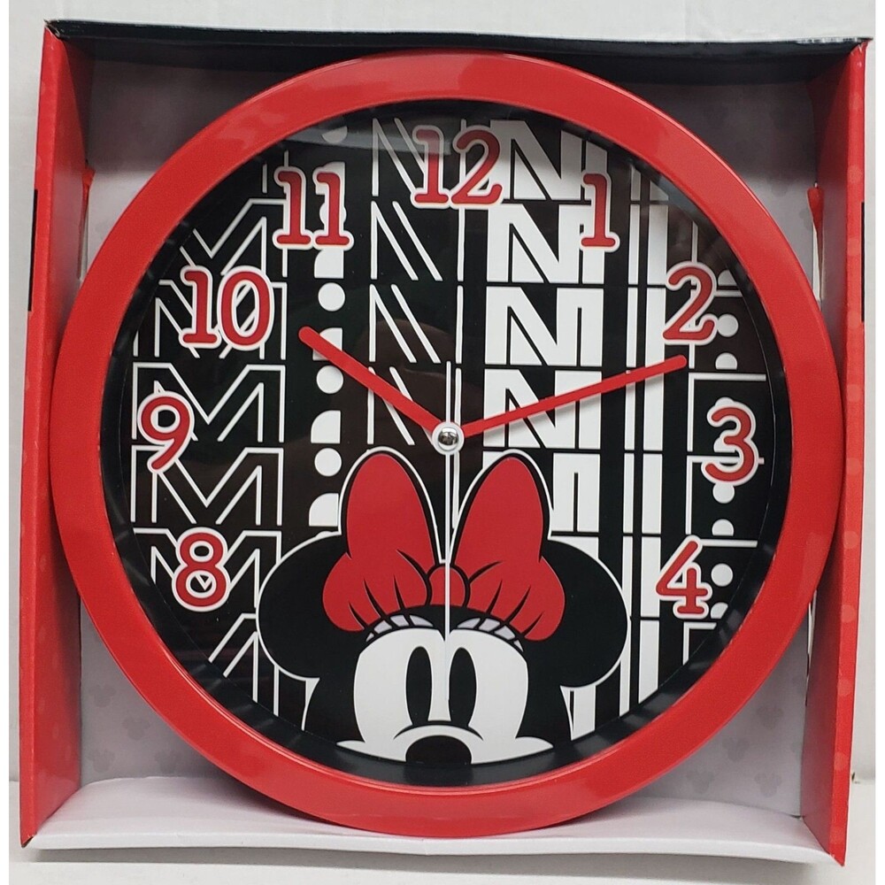 Round Plastic Decorative Wall Clock, 10", DISNEY,MINNIE MOUSE FACE,red frame, AW
